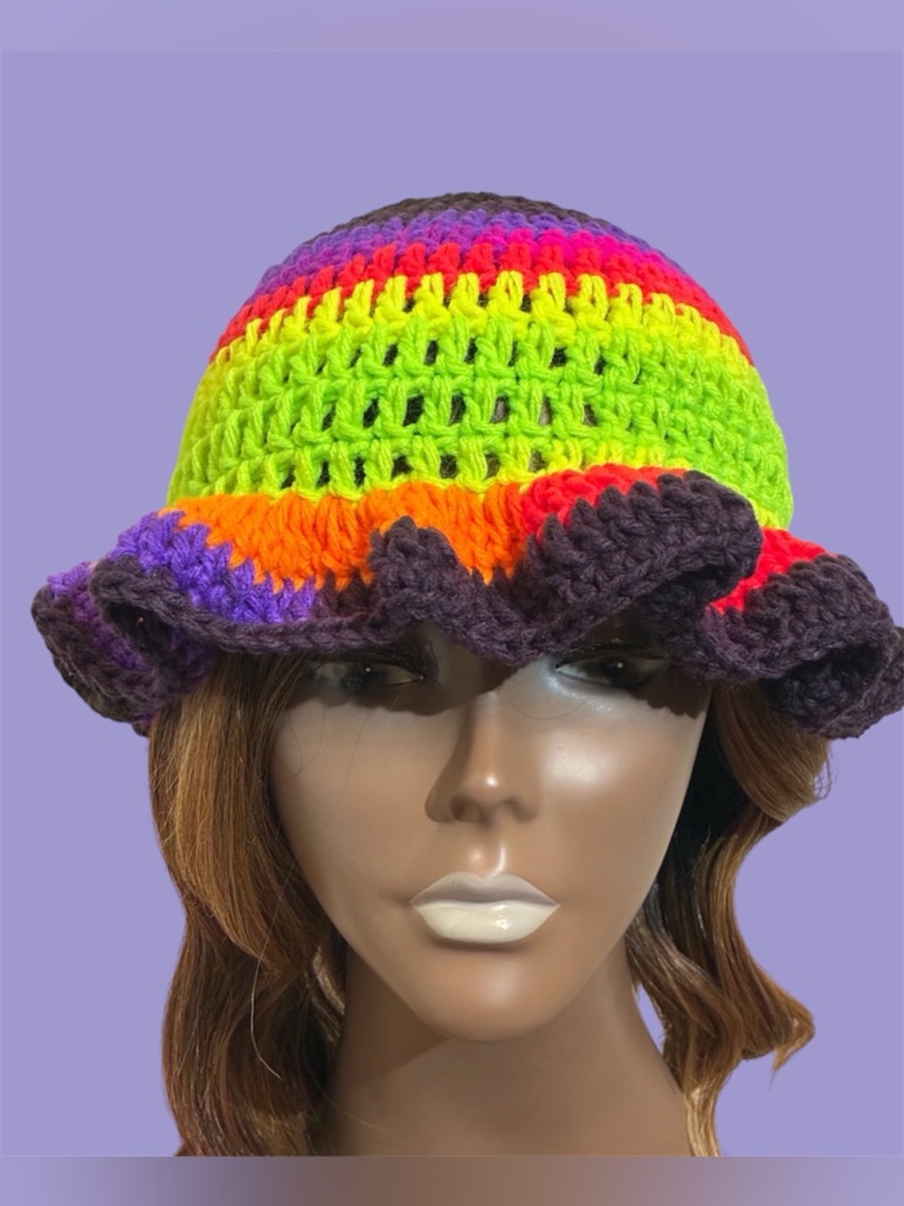 Hand-Crocheted Rainbow Bucket Hat - Bright Multicolor